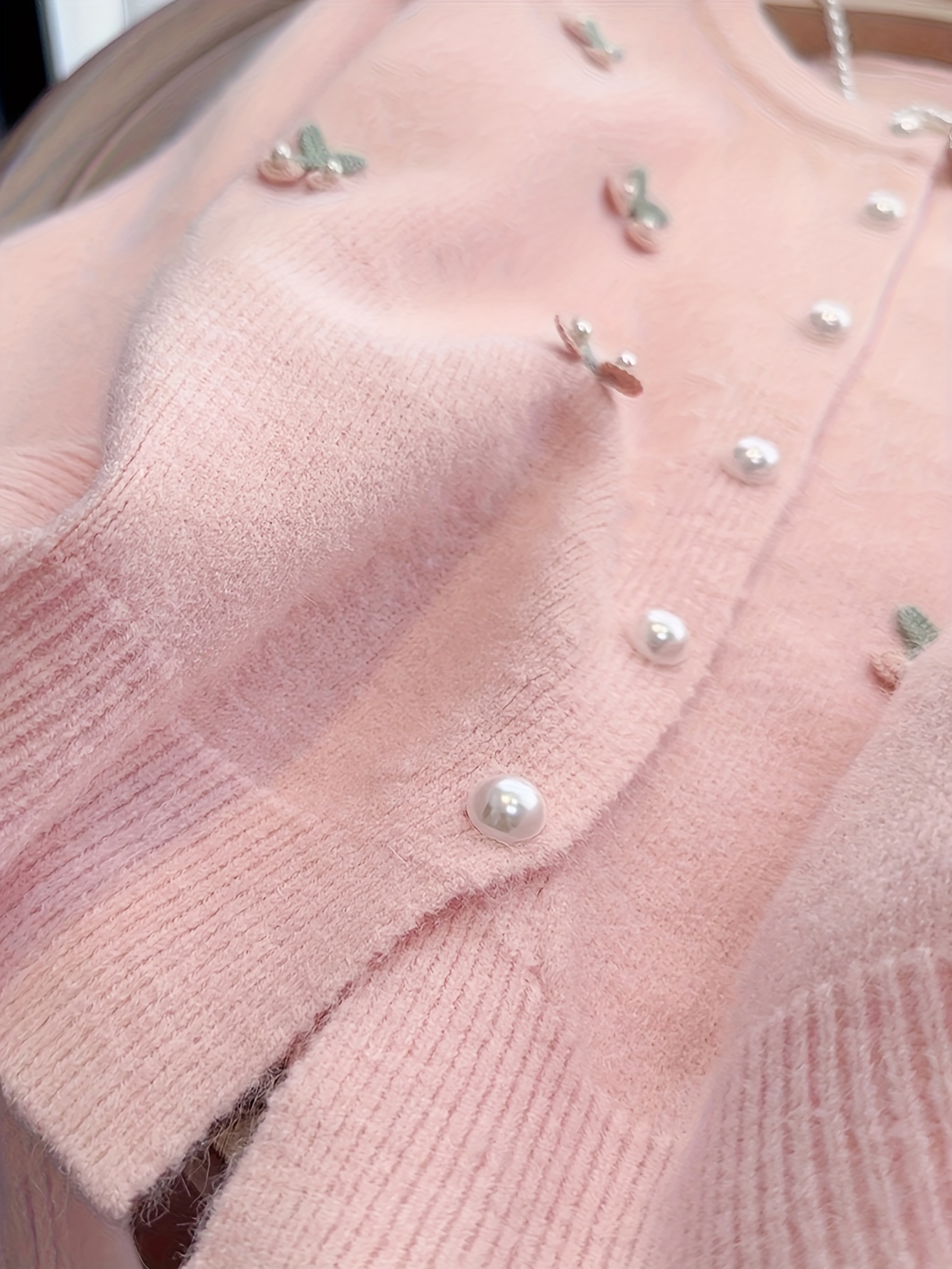 Ladies' Spring/Fall Solid Color Cardigan Sweater | Pearl Buttons, Cherry Decorations, French Style, Sweet and Elegant, Crew Neck, Loose Fit, Ideal for Commuting and Home Wear - Image 10