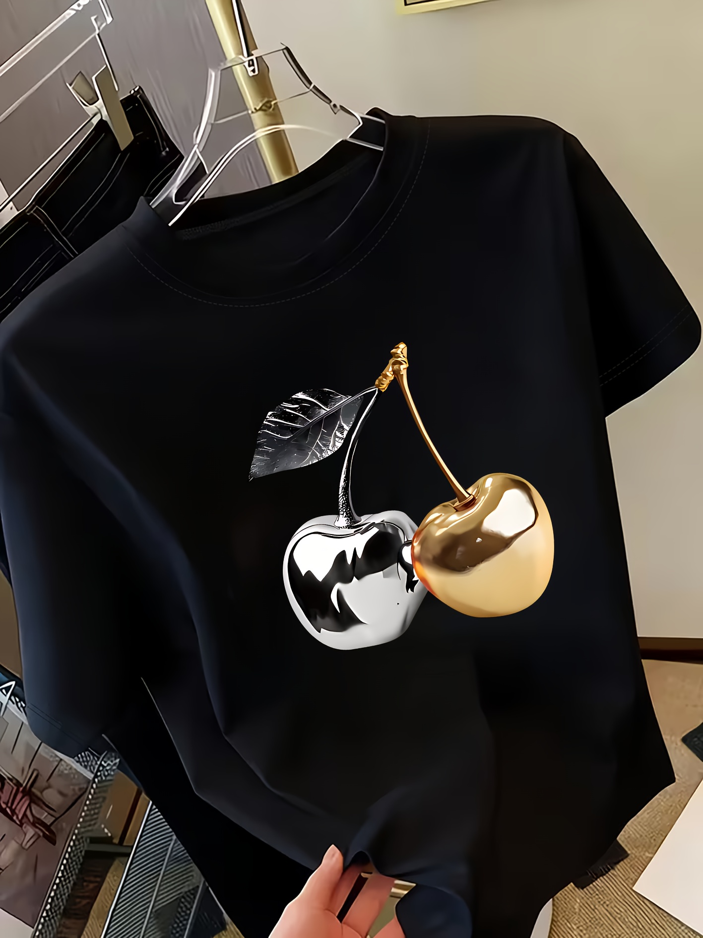 Golden Comely Cherry Print Women's Short-Sleeve T-Shirt, Stylish Casual Top for Women Comfortable Soft Fabric