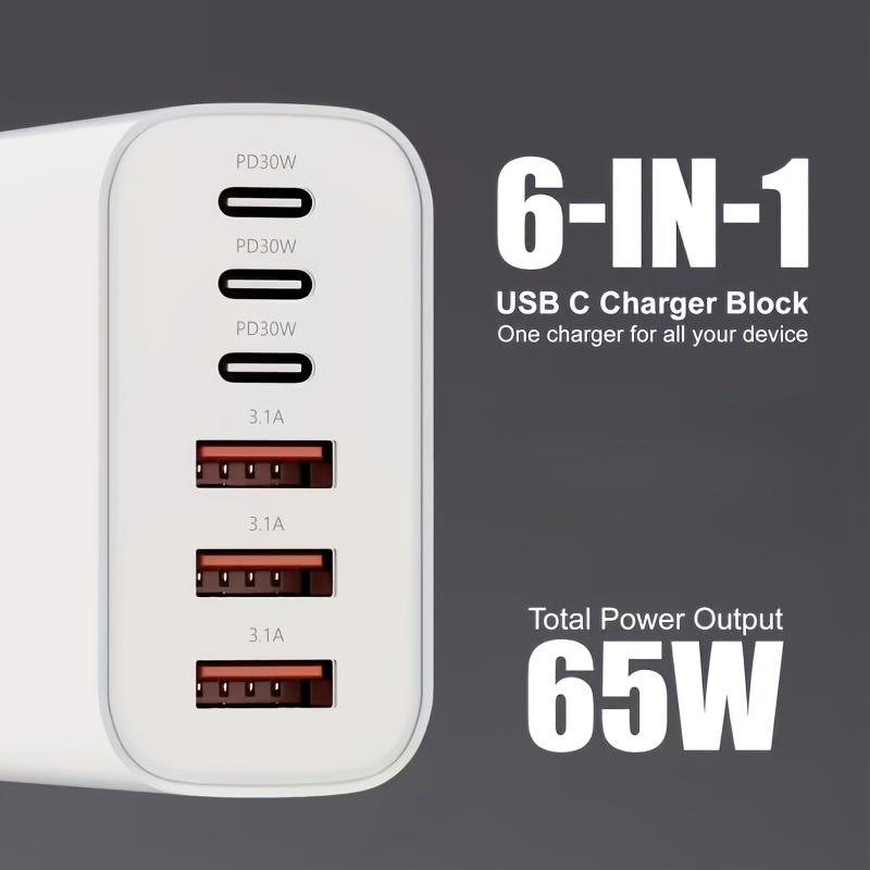 65W Fast USB-C Wall Charger – 6-Port Power Adapter for Phones, Tablets & More - Image 2