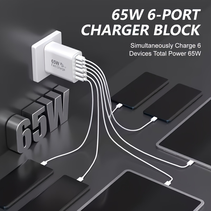 65W Fast USB-C Wall Charger – 6-Port Power Adapter for Phones, Tablets & More - Image 3