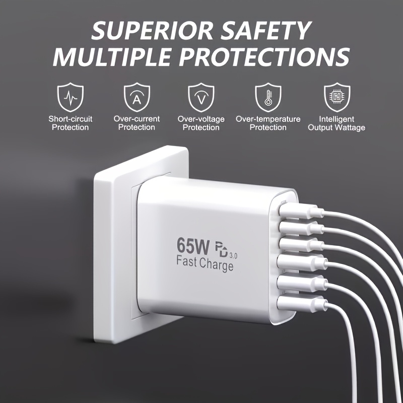 65W Fast USB-C Wall Charger – 6-Port Power Adapter for Phones, Tablets & More - Image 9