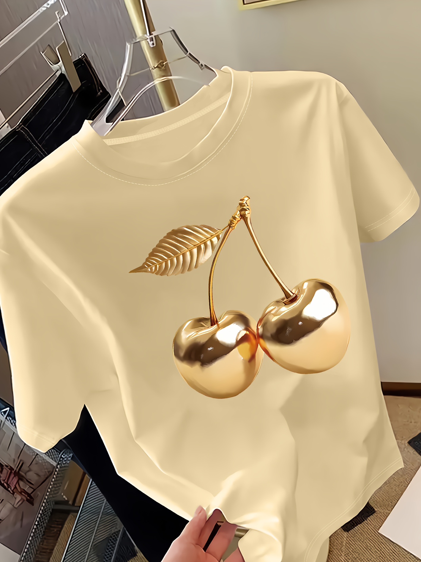 Golden Comely Cherry Print Women's Short-Sleeve T-Shirt, Stylish Casual Top for Women Comfortable Soft Fabric - Image 3