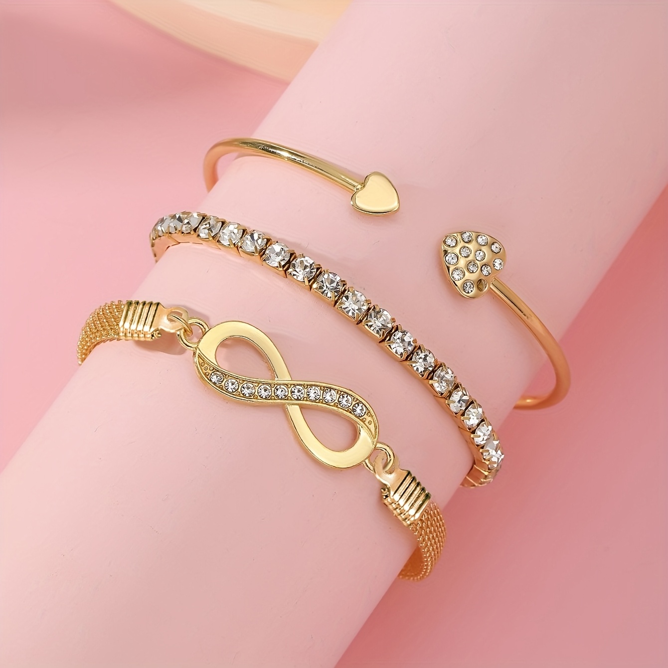 3-Piece Women’s Rhinestone Bracelet Set – Heart & Infinity Charm Bangles - Image 9