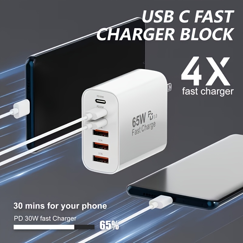 65W Fast USB-C Wall Charger – 6-Port Power Adapter for Phones, Tablets & More - Image 5