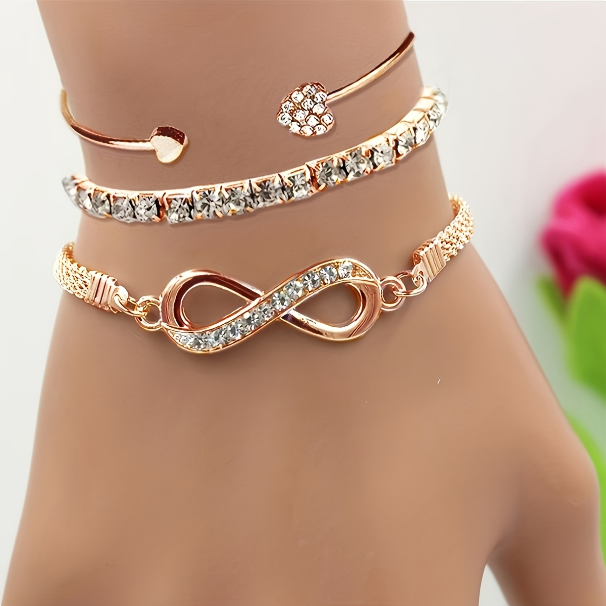 3-Piece Women’s Rhinestone Bracelet Set – Heart & Infinity Charm Bangles - Image 3