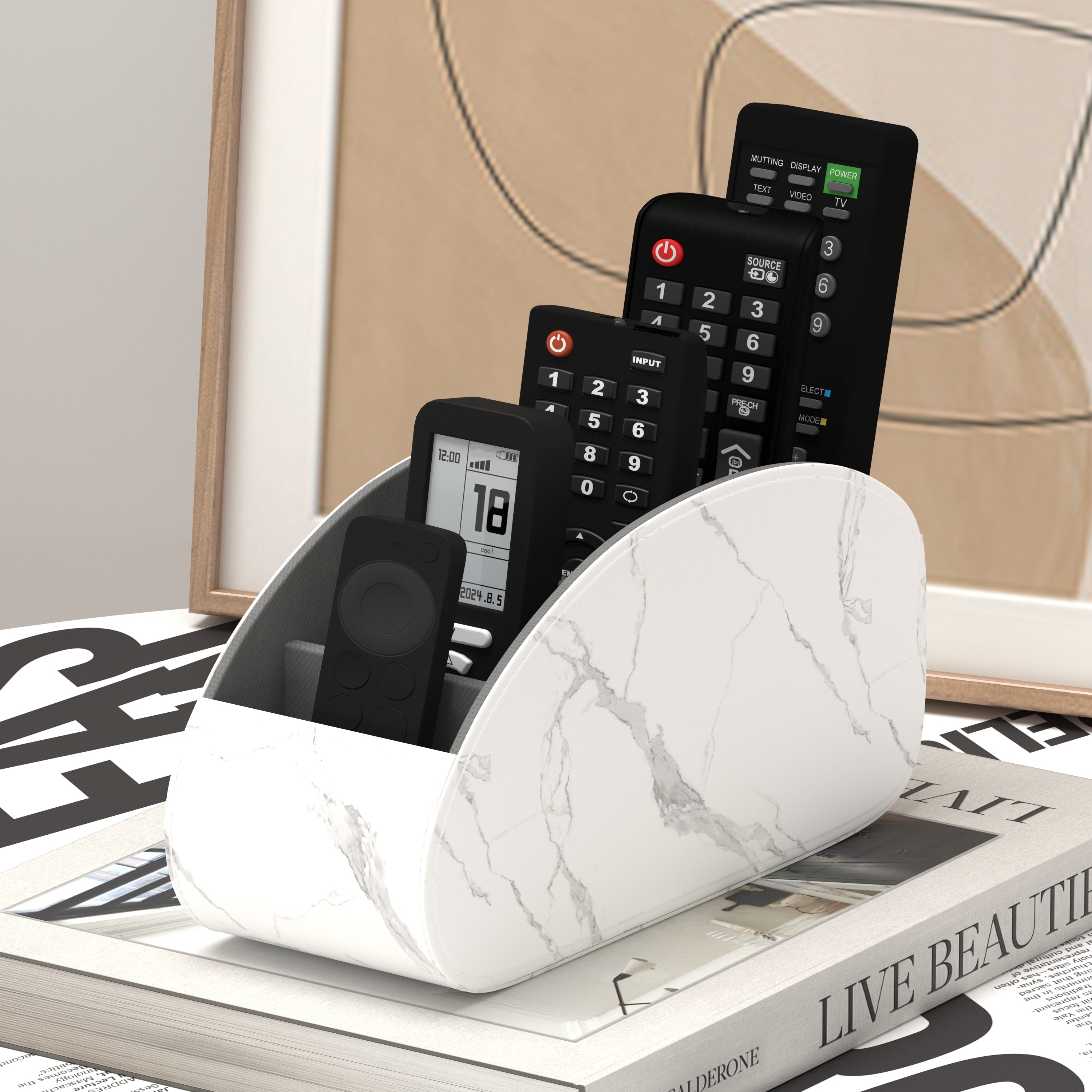 PU Leather Remote Control Holder – 5-Compartment Desktop Organizer for Remotes, Phones & Accessories