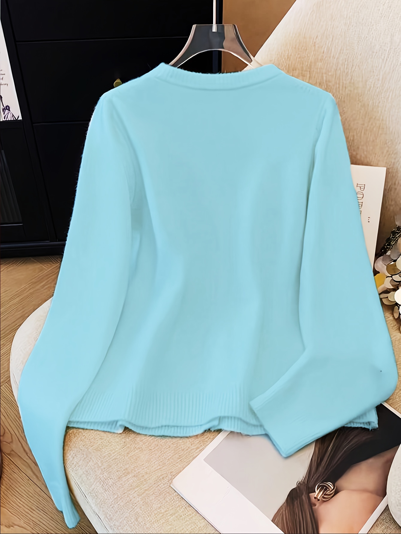 Ladies' Spring/Fall Solid Color Cardigan Sweater | Pearl Buttons, Cherry Decorations, French Style, Sweet and Elegant, Crew Neck, Loose Fit, Ideal for Commuting and Home Wear - Image 6