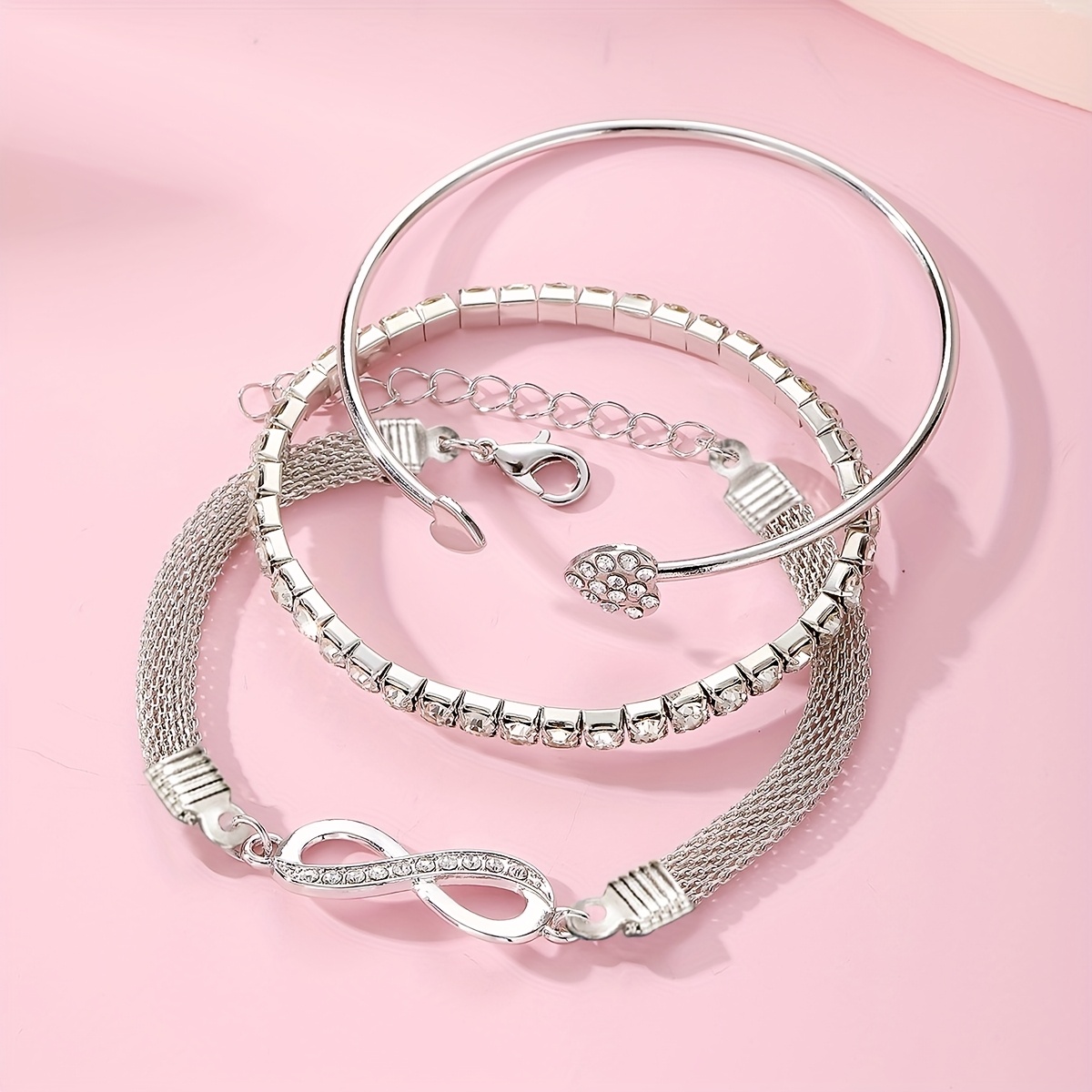 3-Piece Women’s Rhinestone Bracelet Set – Heart & Infinity Charm Bangles - Image 6
