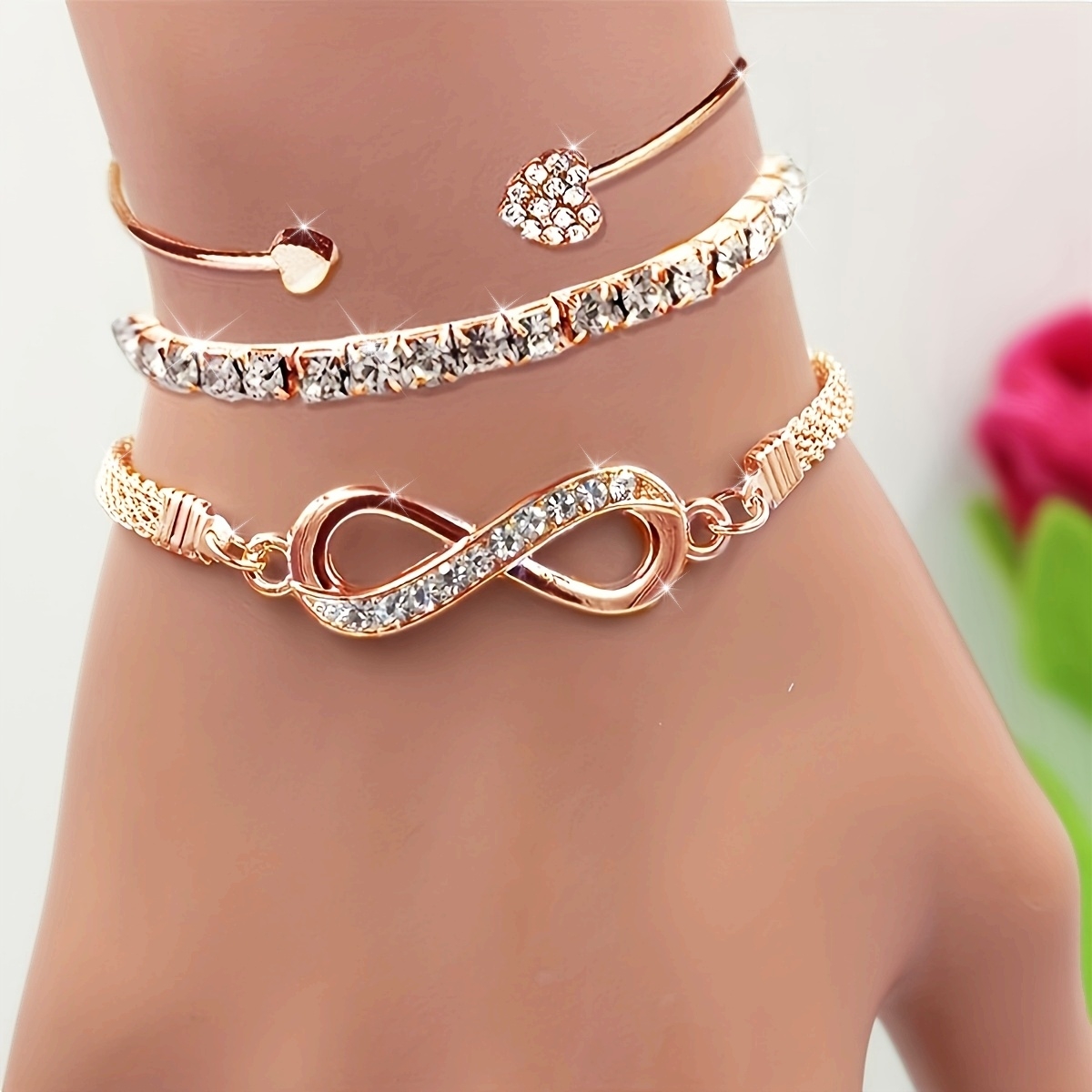 3-Piece Women’s Rhinestone Bracelet Set – Heart & Infinity Charm Bangles - Image 2