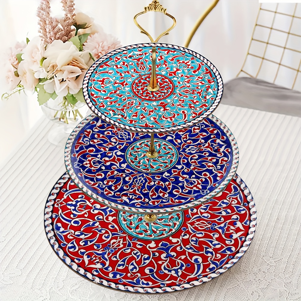 1pc 3- Layered wooden display & serving tray with turkish islamic art patterns - Image 5