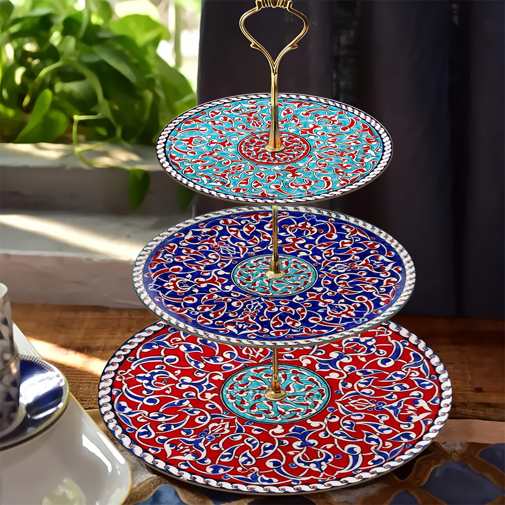 1pc 3- Layered wooden display & serving tray with turkish islamic art patterns