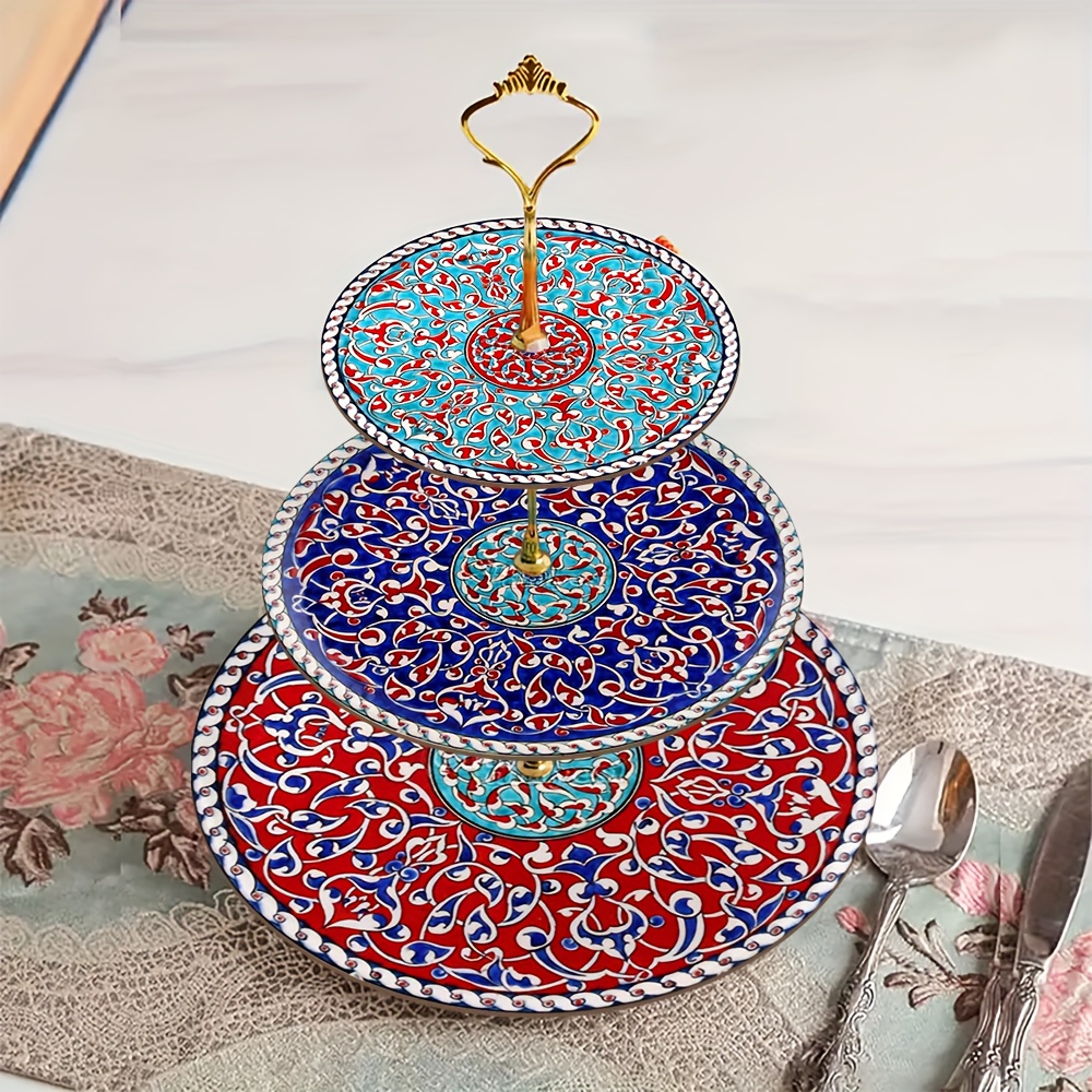 1pc 3- Layered wooden display & serving tray with turkish islamic art patterns - Image 4