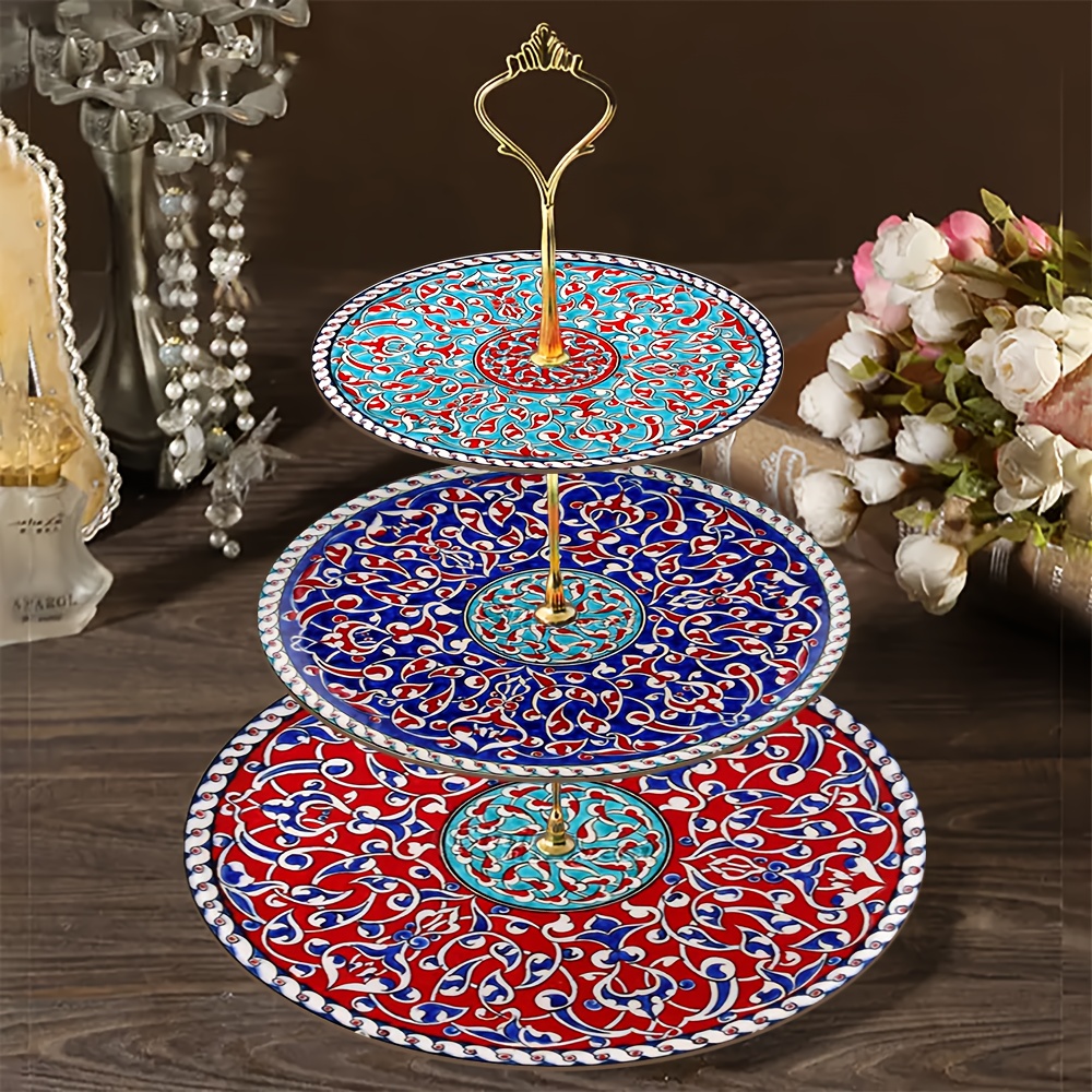 1pc 3- Layered wooden display & serving tray with turkish islamic art patterns - Image 2