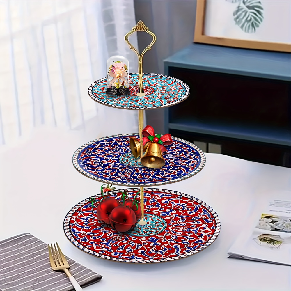 1pc 3- Layered wooden display & serving tray with turkish islamic art patterns - Image 3